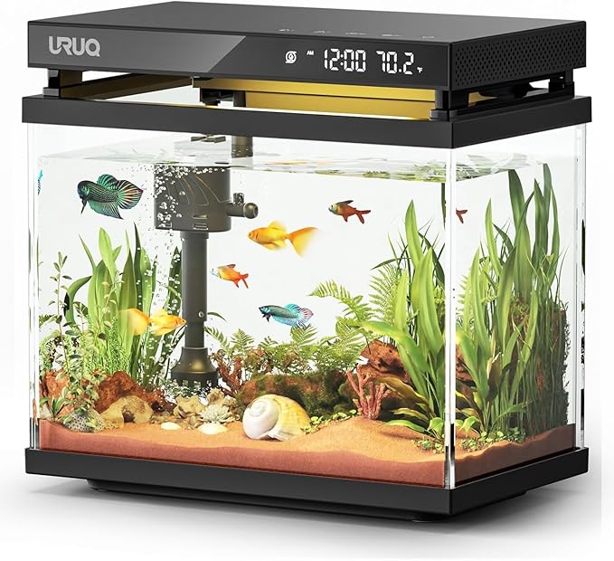 Fish Tank Smart Aquarium Kit: 2 Gallon UHD Glass Silent Water Pump Self Cleaning Multi-Layer Filtration System - Temperature Sensing 7-Color Lighting for Small Fish Betta Room Desktop Decor - Black