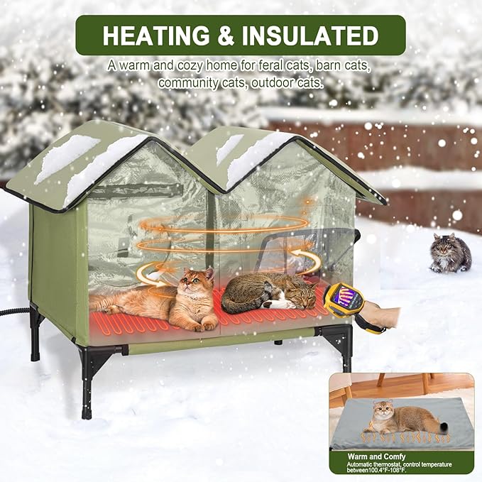 Large Heated Cat House for Outside in Winter, Elevated Waterproof Cat House for Outdoor Cats with Heating Pad, Insulated Heated Outdoor Cat House Weatherproof for Stray Cats Small Dogs (Green)