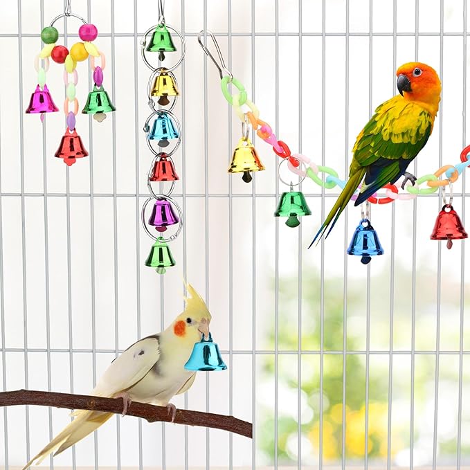 Hypeety Parrot Chew Toys Swing Colorful Bells Chandelier Bird Hanging Toy Parrot Cage Craft Toys Cages African Grey Conure Cockatiel 4PCS Set