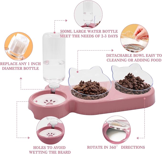 Triple Cat Bowls,15°Tilt 3-in-1 Water Feeder Bowls Cat Double Food Bowls with Automatic Water Bottle Bowl, Whisker Friendly Wet and Dry Cat Elevated Feeding Dishes for Small Cat and Puppy (Pink)