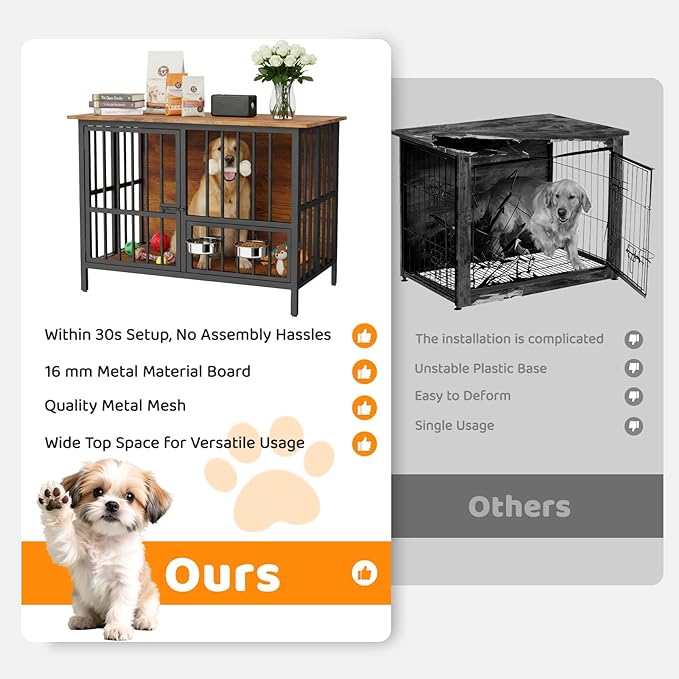 41.5" Dog Crate Furniture, Assembly-Free Dog Crates for Large and Medium Dogs, Foldable Dog Kennel Indoor with Adjustable Dog Bowls, Wooden Dog Cage Use as End Table, Pet House for Decorative Indoor