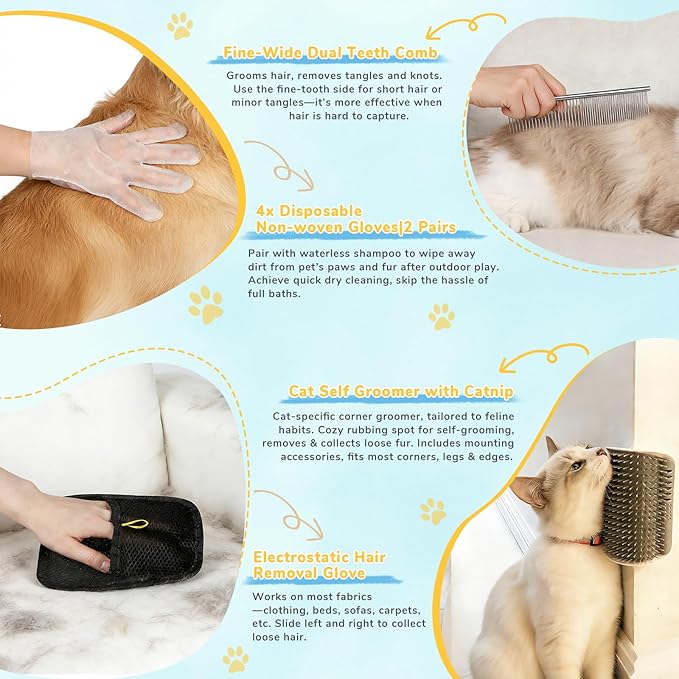 10in1 Pet Mist Spray Brush for Cat & Dog, Hair Health & Grooming Set with 100ml Waterless Shampoo, Nail Clippers, Toothbrush, Comb, Cat Scratcher with Catnip, Eye Ear Paw Dry Wipes & Gloves, Gift-Set
