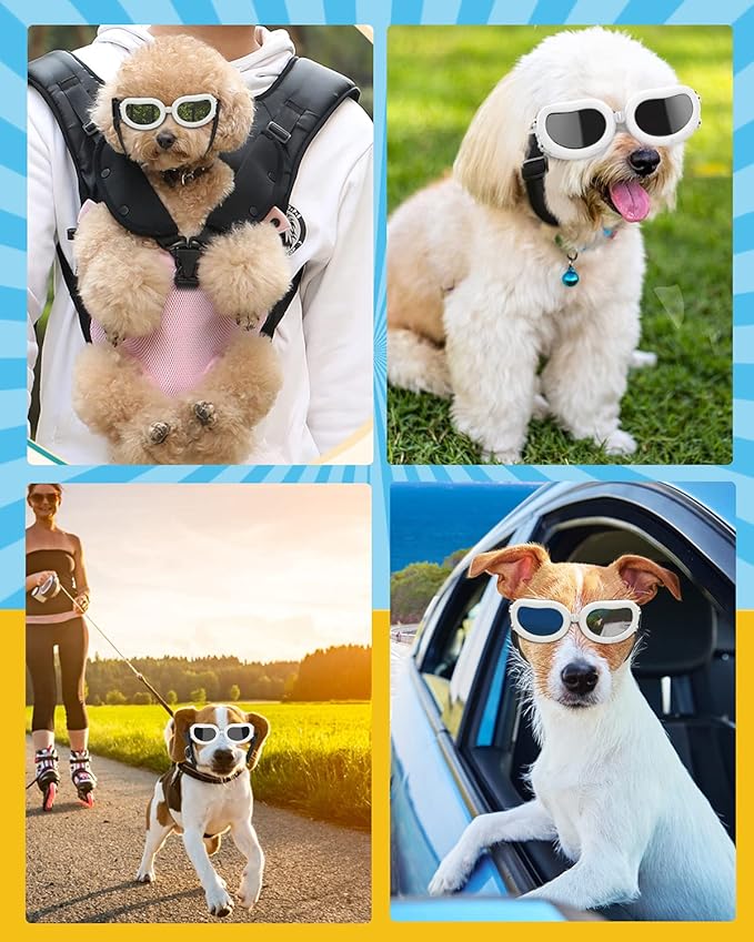 Lewondr Small Breed Dog Goggles - UV Protection Sunglasses with Adjustable Strap, Windproof, Anti-Fog for Small Dogs, White