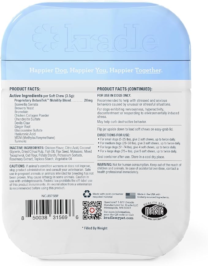 Kradle Hip & Joint Chews for Dogs - Glucosamine Chondroitin MSM Hyaluronic Acid - Active and Senior Dog Mobility Support - 150 Soft Chews