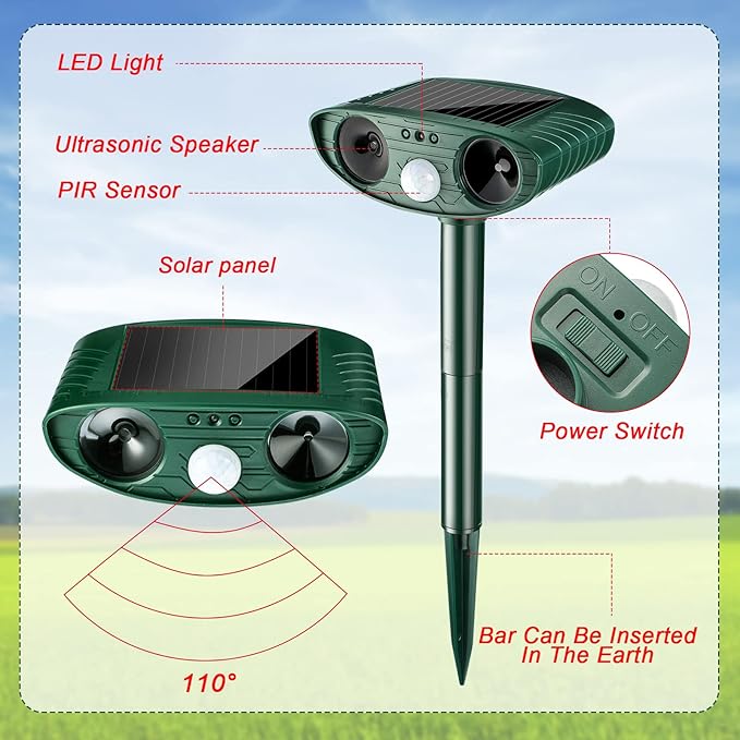Ultrasonic Animal Repellent Outdoor Solar Powered Repeller Cat Dog Deer Deterrent Waterproof Motion Sensor Deterrent for Yard Garden Rabbit Squirrels Fox Pest (2, Green)