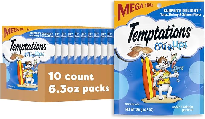 Temptations Cat Treats MixUps Surfer's Delight, Tuna, Shrimp, Salmon Flavor, Crunchy and Soft Cat Treats, 6.3 oz. Pouch (Pack of 10)