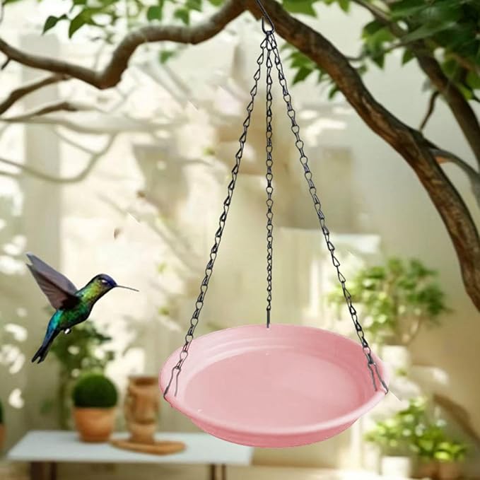 Hanging Bird Feeder, Waterer Tray, Bird Food Tray with Detachable Hook for Backyard, Garden, Balcony, Trees Lawn, Pink