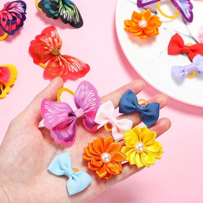Janinka 36 Pieces Dog Hair Bows with Rubber Bands Easter Butterfly Bows for Small Size Dog Girl Flower Pearls Elastic Hair Ties Bands for Pets Puppy Cats Grooming Accessories(Fresh Color)