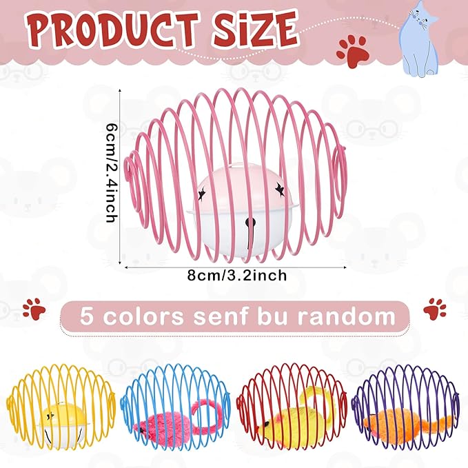 Jecery Cat Spring Balls Toys Stretchable Rolling Balls Colorful Playful Coils Interactive Action Toy Caged Rats for Kitten Pet Supplies (Mouse and Bell,Multicolor,5 Pcs)