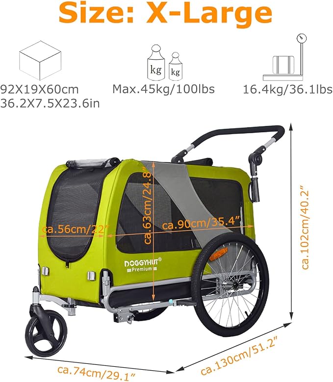 DOGGYHUT® Premium Large/XL Pet Bike Trailer & Stroller for Large Sized Dog or Multiple Small Dogs,Low Center of Gravity,Parking Brakes,Easy Folding Frame,Bicycle Carrier