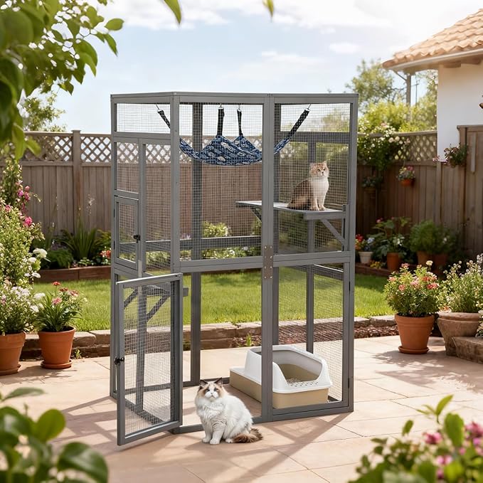 COZIWOW Upgraded Catio Outdoor Cat Enclosure Window Access, Wooden Cat House Shelter, Kitty Cage with Platforms & Hammock Patio Indoor (Gray)