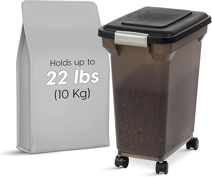 IRIS USA Airtight Dog Food Storage Container, WeatherPro, Up to 22 lbs, Removable Wheels, for Dog Cat Bird and Other Pet Food Storage Bin, Keep Fresh, Made in USA, Smoke