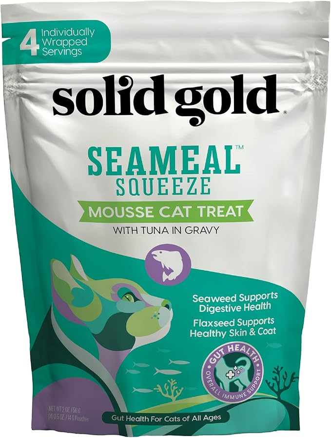 Solid Gold SeaMeal Squeeze Tuna Lickable Cat Treats with Seaweed for Skin & Coat - Wet Cat Treats with Digestive & Immune Health Support - Natural, Holistic, Grain Free (48 Squeezes)