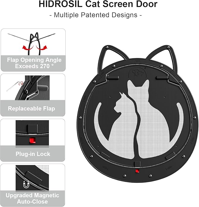 HIDROSIL Cat Door for Screen Door, Inside Openning 10x10x0.5 inch, Patent Desigh Pet Screen Door with Lockable Magnetic Flap for Doggy and Cat Door, Suitable 0-18lb Cats and Small Dogs, Black