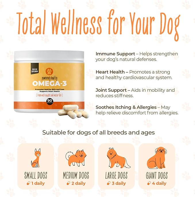 Pawsomely Healthy Omega-3 Fish Oil for Dogs – Wild Caught Anchovy Oil – High EPA & DHA – Supports Skin, Coat, Joints, Heart – Reduces Itching, Shedding, Allergies – Vet Approved – 90 Powder Capsules
