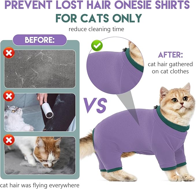Sticky Cat Clothes Stretchy, Sphynx Hairless Sweater & Pajamas for Cats only, Soft Cat Onesie for Cats After Surgery Female Male & Hair Loss Prevention, Purple S