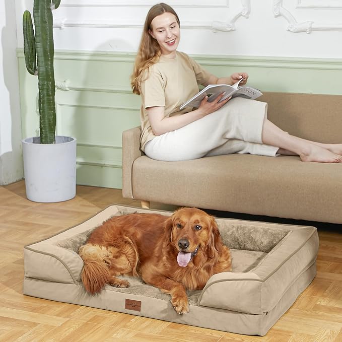 Comfort Expression Orthopedic Dog Bed for Large Dogs 35x22 Inch, Waterproof Supportive Egg Crate Foam Large Pet Bed with Removable Bolster, Dog Couch with Washable Cover & Non-Slip Bottom, Light Brown
