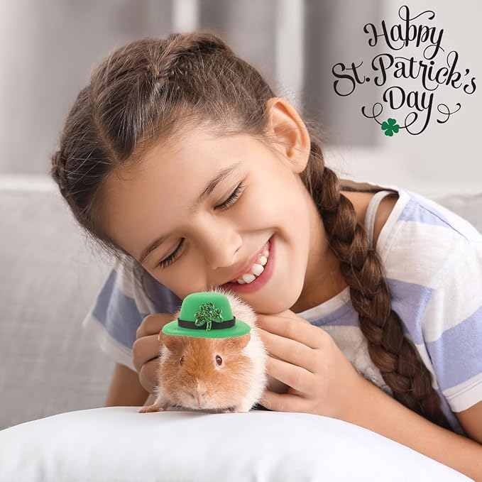 Guinea Pig Saint Patrick's Day Hat Bow Tie Set Small Animal Irish Green Top Hat with Shamrock Décor St.Patrick's Day Costume Accessories for Rabbit Bunny Ferret Bearded Dragon Puppy Kitten