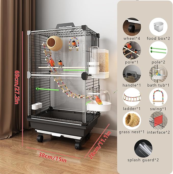 Bird Cage,Large Parrot Cage with Acrylic Doors, 3-Tier Movable Birdcage Parakeet Cage w/Wheels, 360° View Spacious Interactive Bird House (Black, with breeding Box)