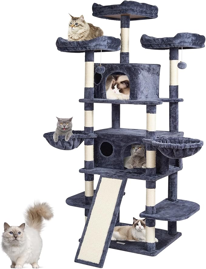 VEVOR Cat Tree for Indoor Cats, 68.5" Cat Tower with 2 Cat Condos, Sisal Scratching Post, Hammocks, Top Perches, Jumping Platforms and Ramp, Cat Furniture Activity Center with Hang Balls, Dark Grey