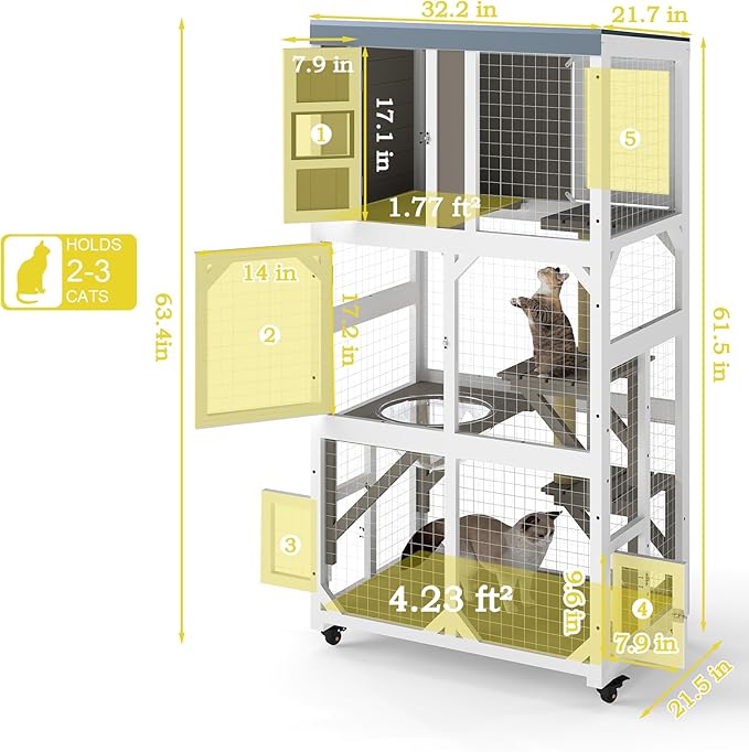 64.4" L Catio Outdoor Cat Enclosure,Outdoor Cats House with 10 Platforms & 2 Space Capsules,Wooden Cat Catio Cats Enclosure with Weatherproof Oxford Cloth Roof & 8 Wheels,Grey