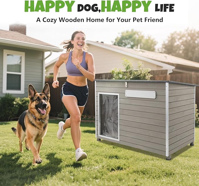 Large Wooden Dog House Outdoor, XL Weatherproof Dog Houses with Adjustable Vent Windows, Alloy Chew-Resistant Frame, Removable Floor for Medium & Large Dogs (43.3" Lx26.4 W x33.7 H)