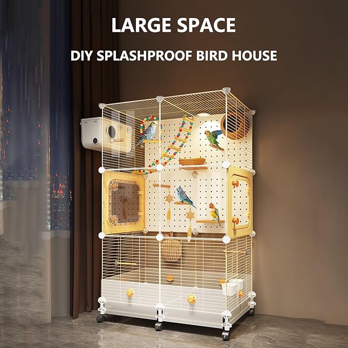 Large Bird Cage for Parrots/acrylic+birdcage,Cockatiels/Budgies with Acrylic Doors & 4 Casters, Wide White Birdcage Includes Perch/Feeder/Swing/Detachable Drawer for Outdoor/Indoor Conures (72*36*117)