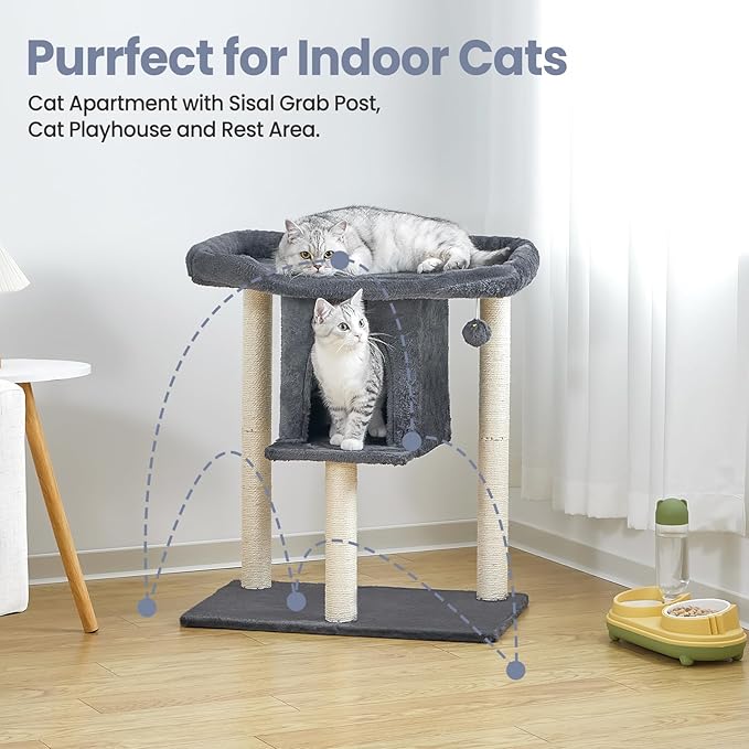 Cat Tree Tower Scratching Post for Indoor Large Cats, Small Cat Tree with Big Perch Bed, 28in Tall Trees House with Condo Cave, Toy Balls, Modern Climbing Furniture Platform for Kitten (Dark Gray)