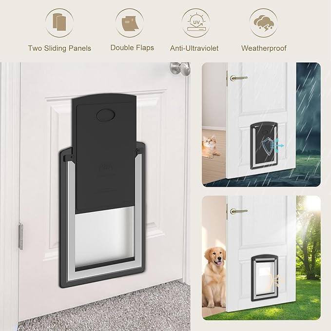 MAVRICFLEX Cat Door for Door, All-Stainless Steel Frame Cat Door with Double Soft Flaps and 2 Sliding ABS Panels for Doors, Easy to Install, Perfect for Cats and Small Dogs Under 15 LBS, Black