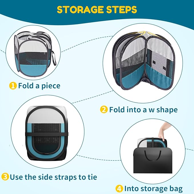 Portable Cat Playpen for Indoor Enclosed: Foldable Pet Playpen for Cat Small Dog Indoor Outdoor with Zipper Top Cover - Pop Up Puppy Kitten Tent Crates Cage Kennel with Carrying Case (Blue/White)