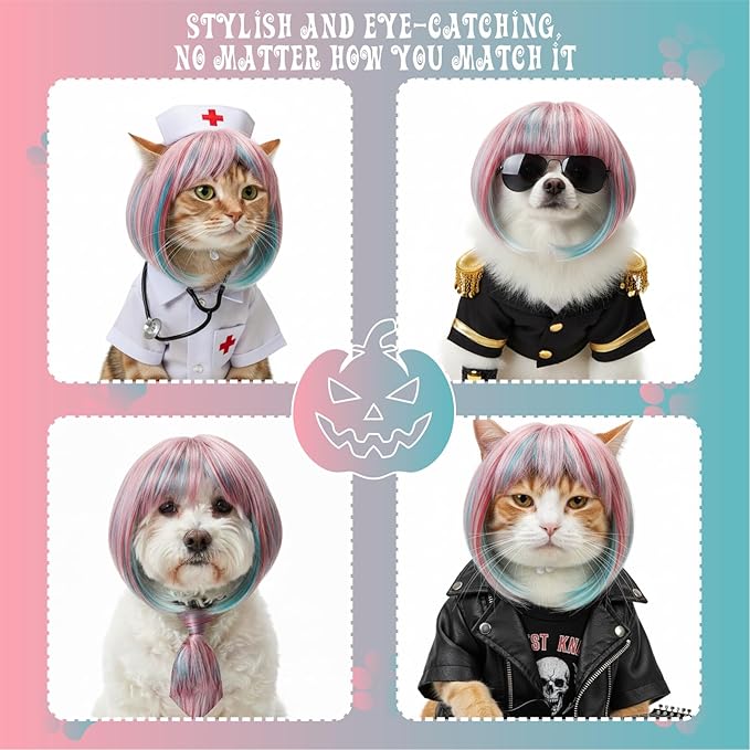 Pet Wig for Dogs & Cats, Cute Colored Hairpiece for Christmas Photos, Holiday Parties, Cosplay & Birthday Dress-Up, Adjustable Wig for Small Pets