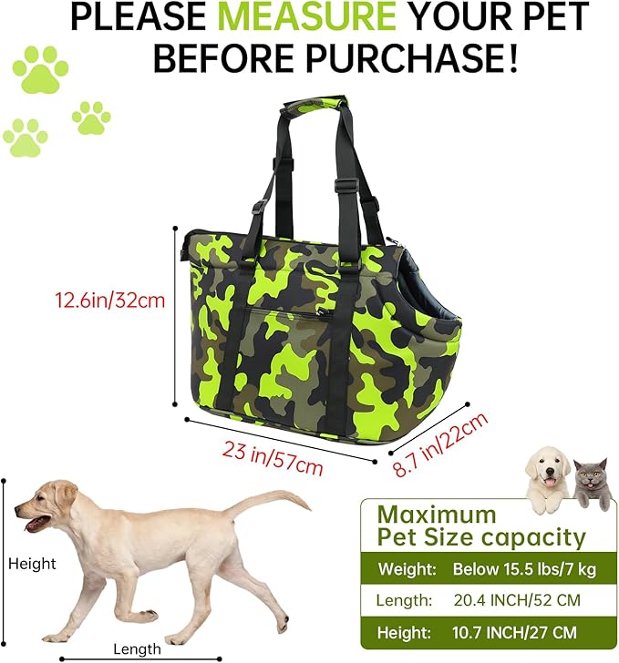 Premium 10mm Padded Dog Purse Carrier for Large Dog, Pet Tote Bag Shoulder Carrying Purse for Dog/Cat Below 7kg/15.5lbs - Camouflage Green