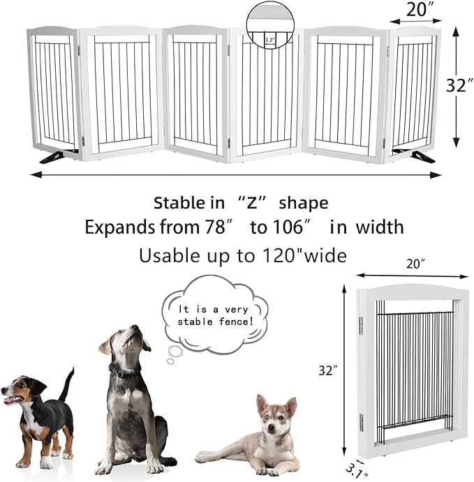 ZJSF Freestanding Dog Fence Indoor, Foldable Dog Gate for Doorways, Stairs or Hallways, Sturdy Wood Extra Wide Pet Gate with Support Feet for The House, White, 32 "Height-6 Panels