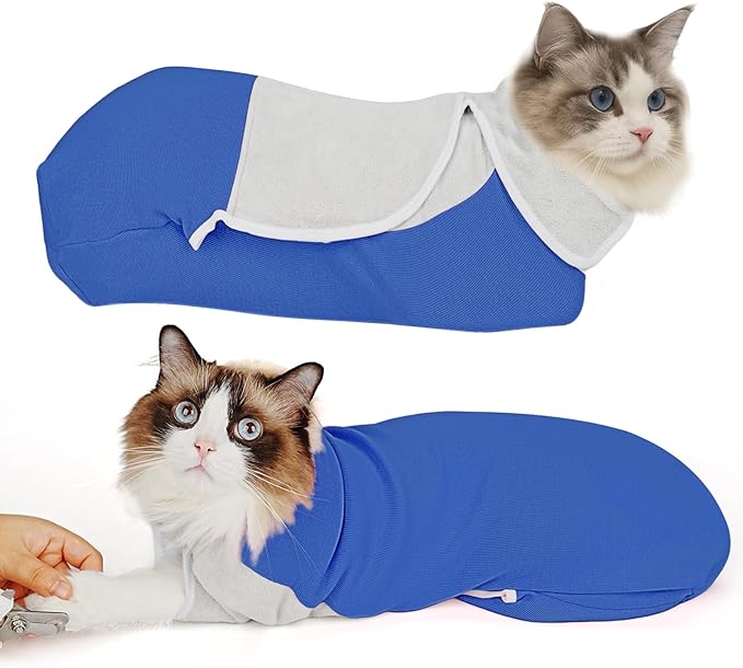 Self-Adhesive Cat Grooming Wrap, Cozy Cat Wrap for Cutting Nails, Breathable Anti-Scratch Cats Swaddle Bag for Brushing, Ear Cleaning, Dental Care, Medication, Injections,Blue S