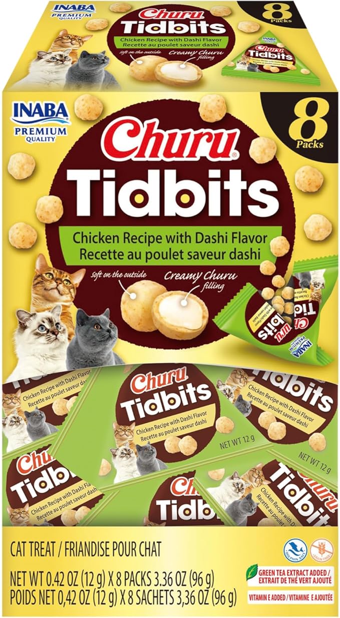 INABA Churu Tidbits for Cats, Soft & Chewy Churu Filled, Baked Chicken Cat Treats with Taurine & Green Tea Extract, 0.42oz per Pack, 8 Packs Total, Chicken with Dashi Flavor Recipe