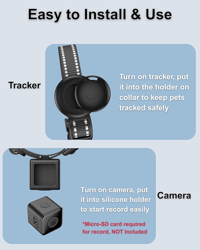 Cat Camera Collar with Tracker Tag, 1080P HD Video Recording Pet POV Cam, NO WiFi NO APP, Body Camera for Cat/Dog Tracking — Lightweight, Night Vision, Easy Playback