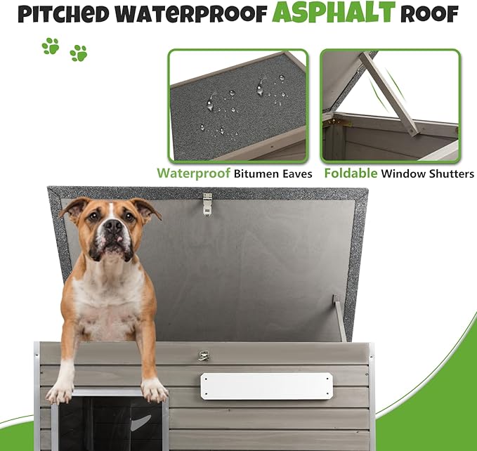 Medium Wooden Dog House Outdoor, Weatherproof Dog Houses with Adjustable Vent Windows, Alloy Chew-Resistant Frame, Removable Floor for Medium & Small Dogs (34" L x 22" W x 25" H)