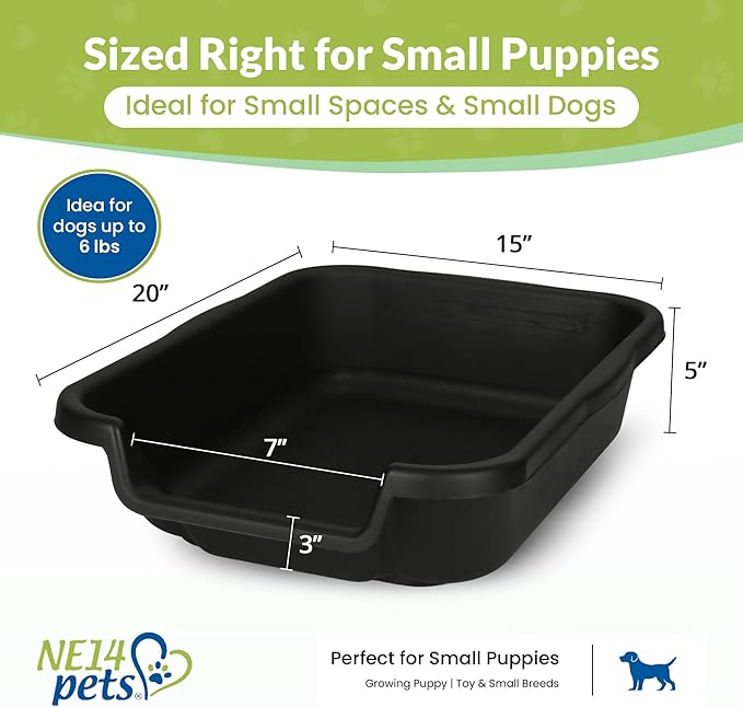 Dog Litter Box, Black Color, Small Size, Durable & Pet Safe Puppy Litter Box, Indoor Open Top Entry Dog Litter Pan, Comfortable for Dogs, Great for Small Dogs up to 6 lbs (2 Pack)