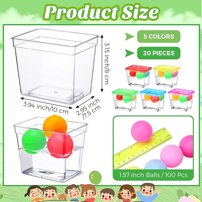 Domensi 20 Pack 12oz Plastic Fish Bowls with 100 Table Tennis Carnival Game Favors Rectangle Gold Fish Bowls with Multicolor Balls Bulk for Adults Kids Candy Carnival Party Decoration Favors Supplies