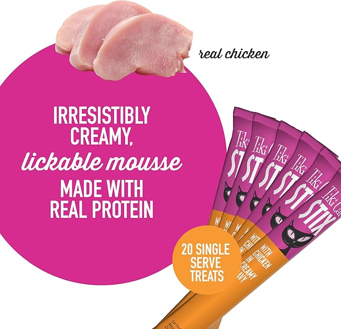 Tiki Cat Stix Mousse Treats, Single Serve Indulgent Lickable Treat or Dry Food Topper, with Chicken in Creamy Gravy, 0.5 oz. Servings (20 Count)
