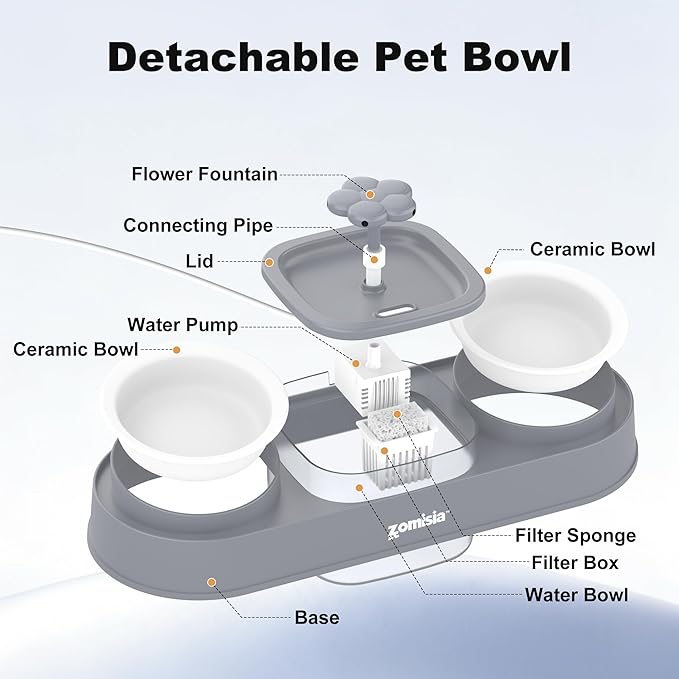 Cat Water Fountain and 2 Ceramic Food Bowls - 2 in 1 Ultra Quiet Automatic Pet Food and Water Bowl Set for Two Cats, Small Dogs, Gray (No Adapter)