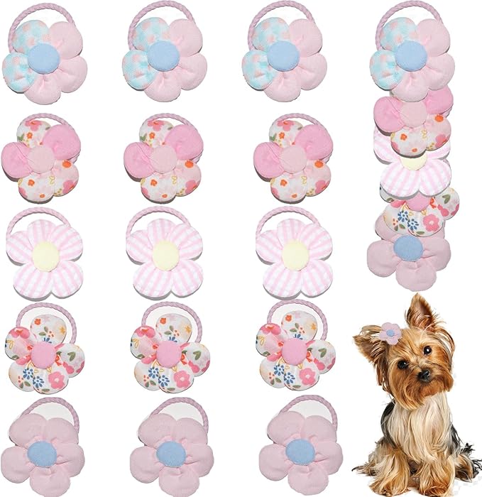 20 Pcs Handmade Cute Puppy Hair Bows, Flower Bowknot with Rubber Bands for Small Dog Hair Ties Accessories Peach Pink