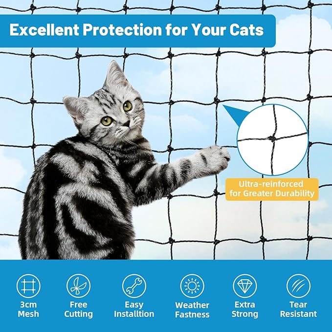 Lewondr Cat Netting Balcony, 10x20ft Steel Wire Reinforced Balcony Screen for Pets, Anti-Fall Pet Mesh Fence Cat Safety Net for Balcony, Window, Stair, Patio