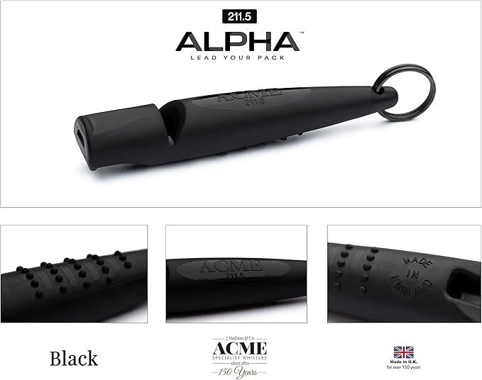 ACME Alpha 211.5 Professional Dog Training Whistle with Enhanced Ergonomic Grip. BPA-Free Plastic. 110 dBA. Long Range. Standardized Frequency. Weatherproof. Made in The UK (Black)