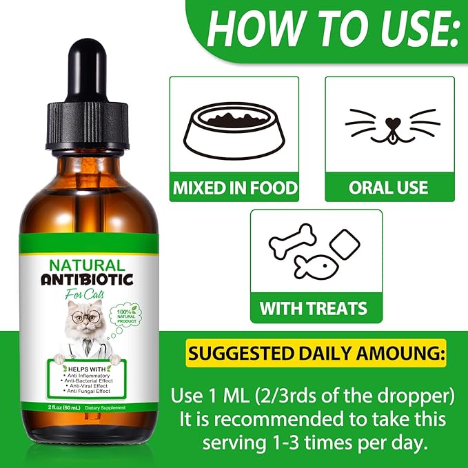 60ML Antibiotics for Cats, Premium Cat Antibiotics Supplement, Cats Multivitamin, Natural Antibiotic for Cats, Cat Antibiotic, Cat Antibiotics Supports Immune & Cats Allergy Relief-2 Fl Oz