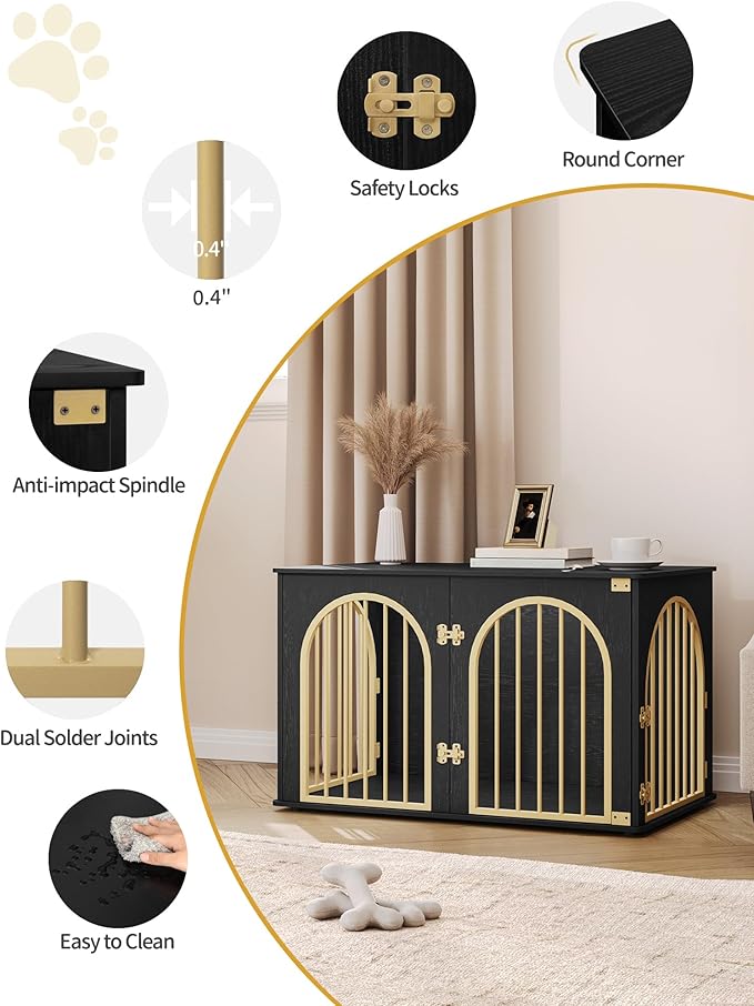 39.4" Wooden Dog Crate Furniture, Indoor Dog Kennel Dogs Cage for Small/Medium/Large Dogs, Heavy Duty Dog Crates Decorative Pet House End Side Table TV Stand, Black Gold DFC84104A