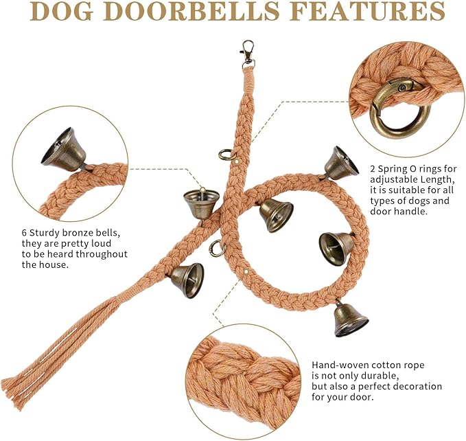 Dog Bell for Door Potty Training, Cotton Handwoven Dog Doorbell with 6 Extra Loud Bells for Dog Training, Adjustable Hanging Door Bell for Small Medium Large Dogs to Ring to Go Outside, Brown