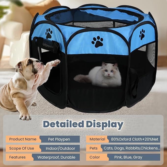 Dog Playpen,Puppy Pet Cat Playpen Indoor for Small Dogs Tent Crates Cage Indoor/Outdoor, Portable Pop Up Dog Kennel Playpen with for Dogs/Cats/Rabbits, Removable Zipper Top(Small Size, Blue)