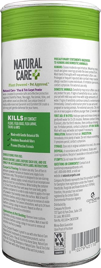 Natural Care Flea and Tick Carpet Powder, Flea & Tick Treatment for Rugs, Carpet, and Pet Bedding, Pet Essential, Pest Prevention, 8.1 oz Canister