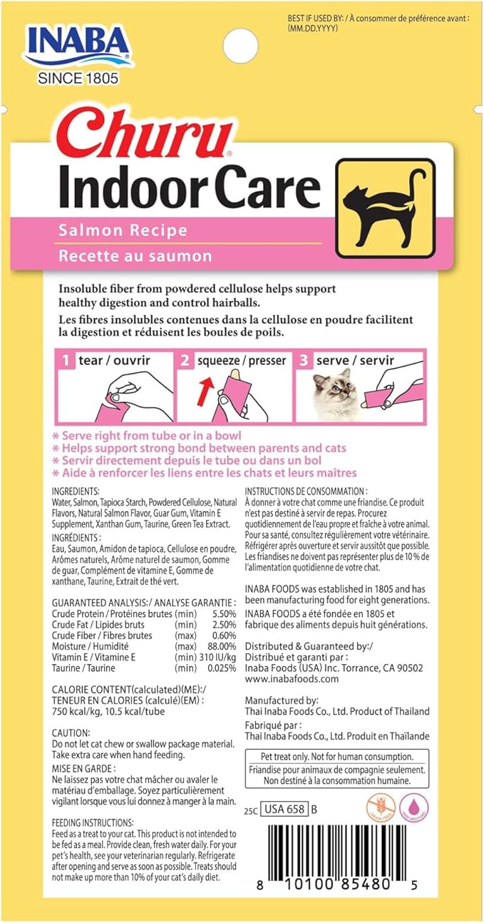 INABA Churu Indoor Care for Hairball Control, Functional Lickable Cat Treat with Taurine & Green Tea Extract, 0.5oz Each, 24 Tubes Total, Salmon Recipe